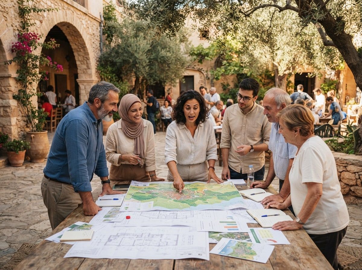 Outdoor participatory workshop: participants of all ages studying a map of a territory laid out on a large table.